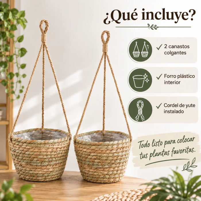 Set 2 Canastos Porta Macetero Colgante Fibra Jardin Terraza