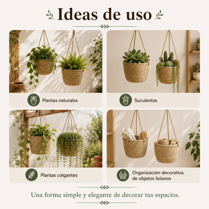 Set 2 Canastos Porta Macetero Colgante Fibra Jardin Terraza