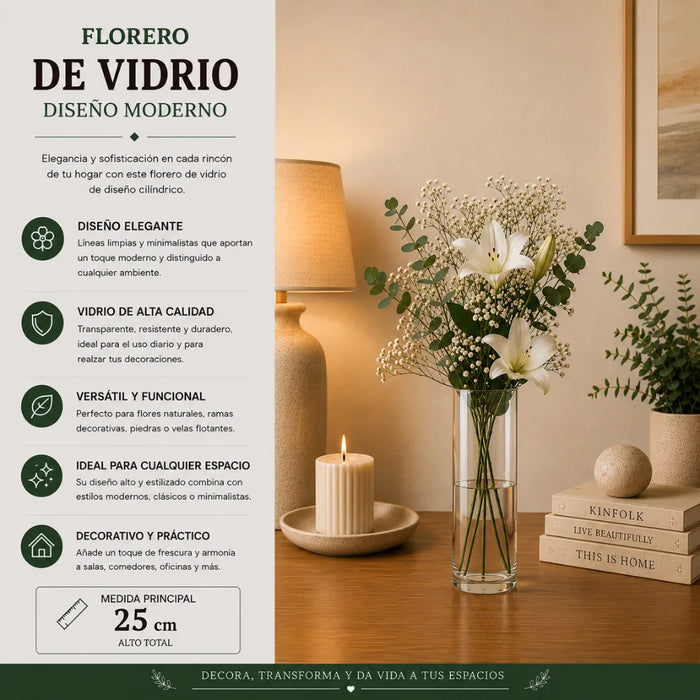Set 2 Florero De Vidrio Alto Cilindrico Transparente Hogar S