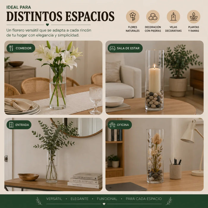 Set 2 Florero De Vidrio Alto Cilindrico Transparente Hogar S