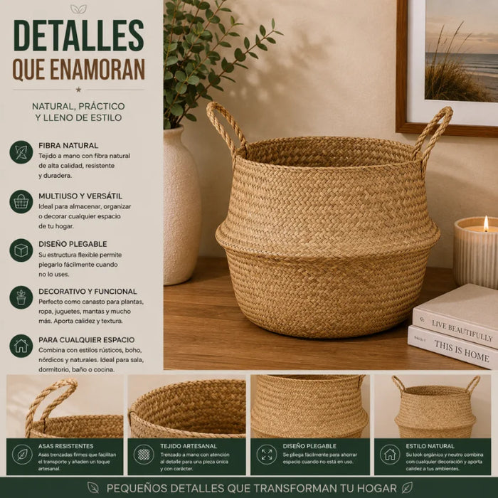 Set 2 Macetero Cesto Maceta Mimbre Tejida Plegable Con Asas