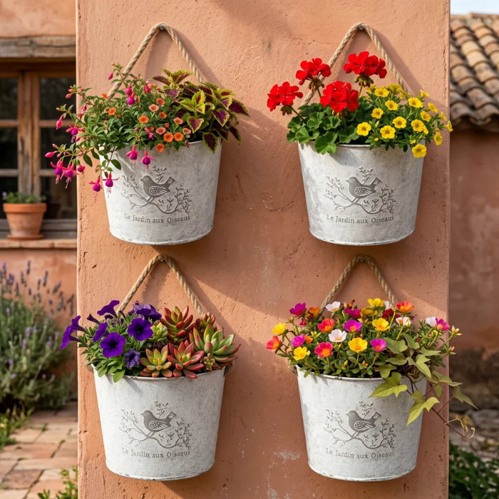 Set 2 Macetero Metalico Blanco Colgante de Pared Decorativo