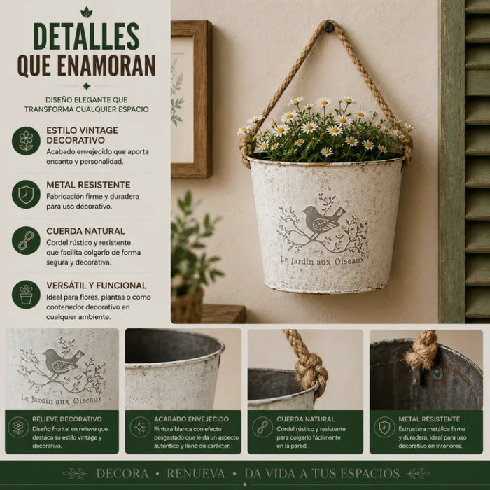 Set 2 Macetero Metalico Blanco Colgante de Pared Decorativo