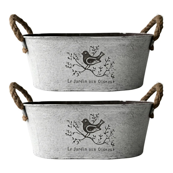 Set 2 Macetero Metalico Blanco Ovalado Decorativo Con Asas M