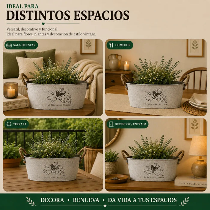 Set 2 Macetero Metalico Blanco Ovalado Decorativo Con Asas M