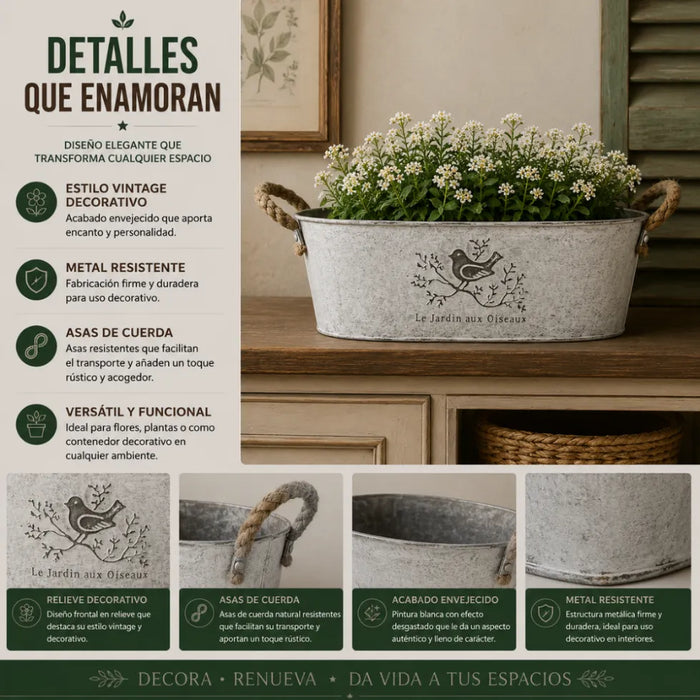 Set 2 Macetero Metalico Blanco Ovalado Decorativo Con Asas M