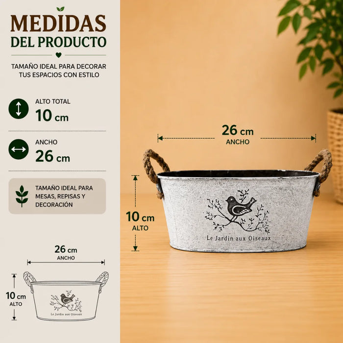 Set 2 Macetero Metalico Blanco Ovalado Decorativo Con Asas S