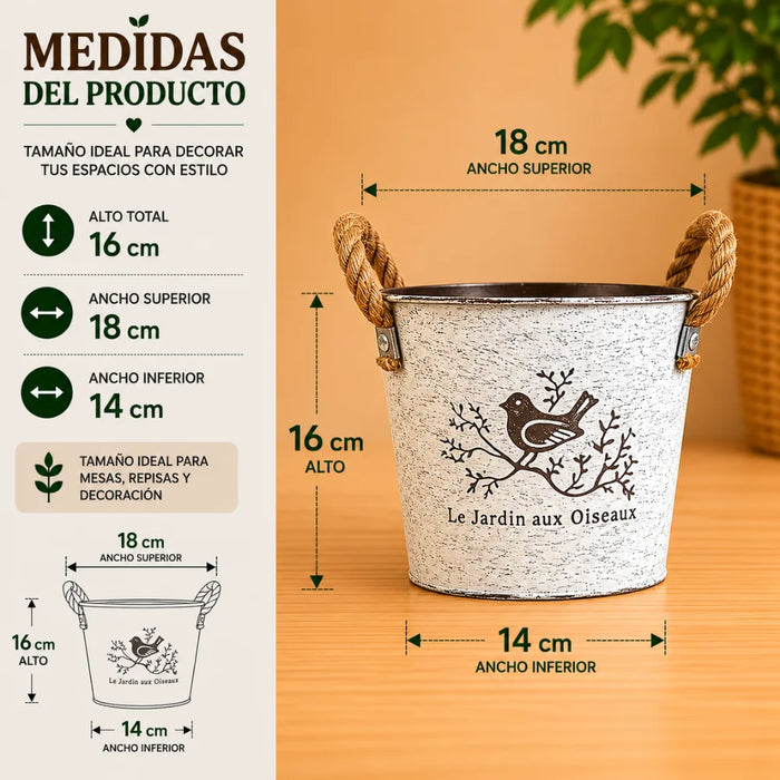 Set 2 Macetero Metalico Blanco Redondo Decorativo Con Asas