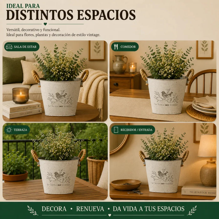 Set 2 Macetero Metalico Blanco Redondo Decorativo Con Asas