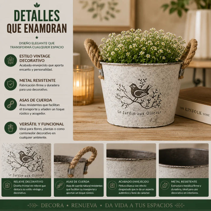 Set 2 Macetero Metalico Blanco Redondo Decorativo Con Asas