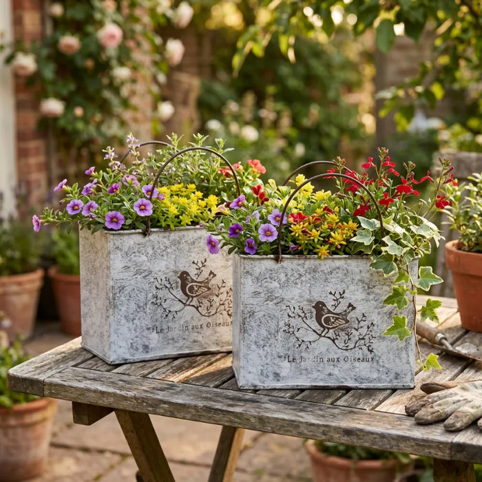 Set 2 Macetero Metalico Decorativo Con Asas Florero Cartera