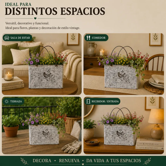 Set 2 Macetero Metalico Decorativo Con Asas Florero Cartera