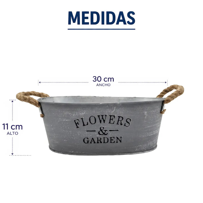 Set 2 Macetero Metalico Gris Ovalado Decorativo Con Asas L