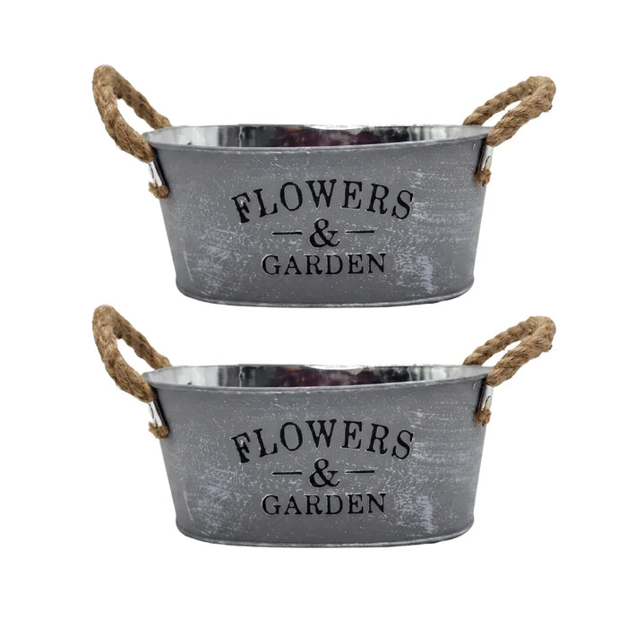 Set 2 Macetero Metalico Gris Ovalado Decorativo Con Asas M