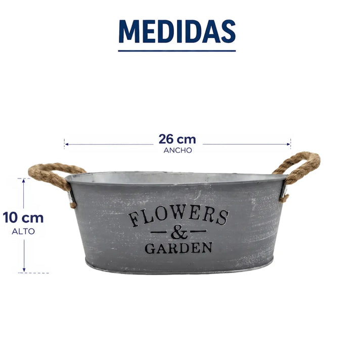 Set 2 Macetero Metalico Gris Ovalado Decorativo Con Asas M