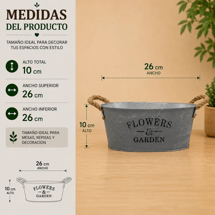 Set 2 Macetero Metalico Gris Ovalado Decorativo Con Asas M