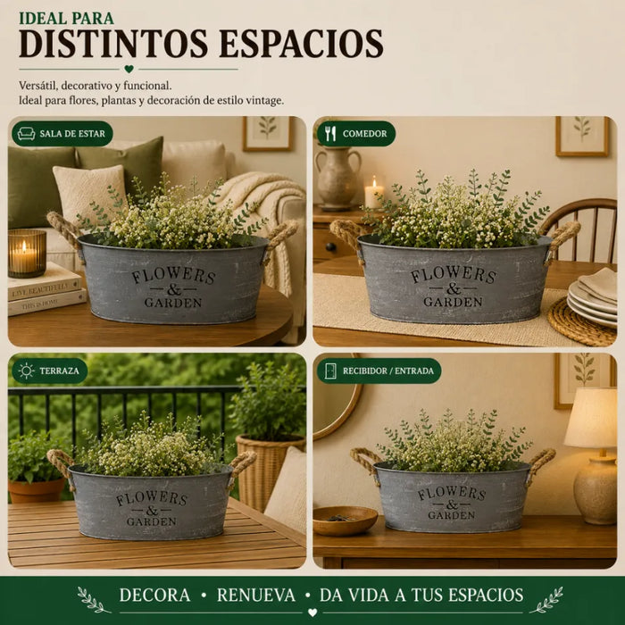 Set 2 Macetero Metalico Gris Ovalado Decorativo Con Asas M