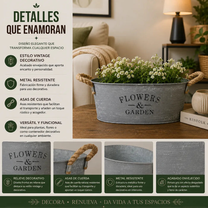 Set 2 Macetero Metalico Gris Ovalado Decorativo Con Asas M