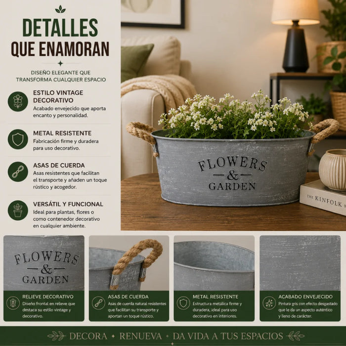 Set 2 Macetero Metalico Gris Ovalado Decorativo Con Asas