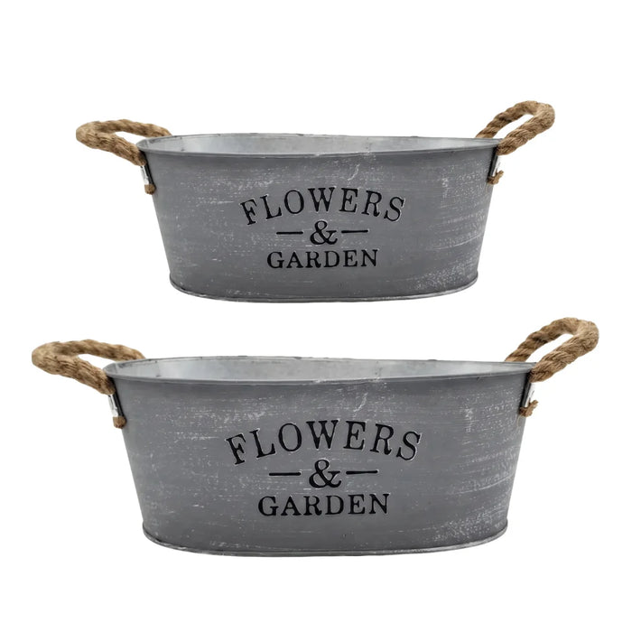 Set 2 Macetero Metalico Gris Ovalado Decorativo Con Asas