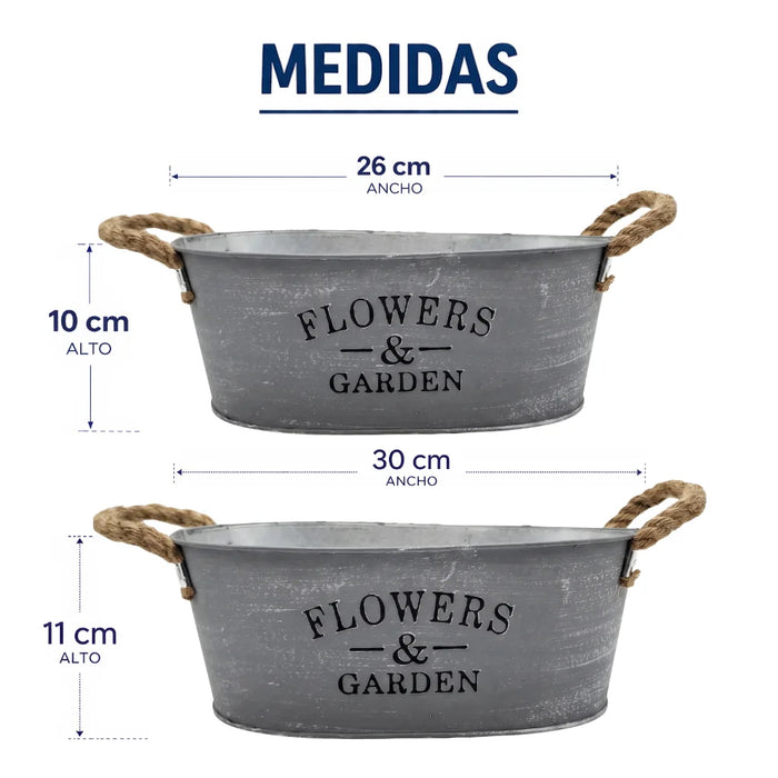 Set 2 Macetero Metalico Gris Ovalado Decorativo Con Asas