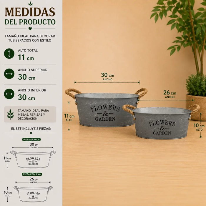 Set 2 Macetero Metalico Gris Ovalado Decorativo Con Asas