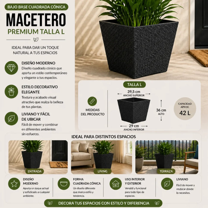 Set 2 Macetero Plastico Bajo Premium Base Cuadrada Conica L
