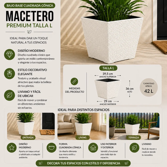 Set 2 Macetero Plastico Bajo Premium Base Cuadrada Conica L