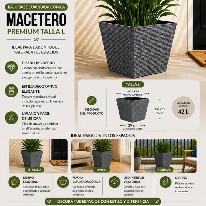 Set 2 Macetero Plastico Bajo Premium Base Cuadrada Conica L