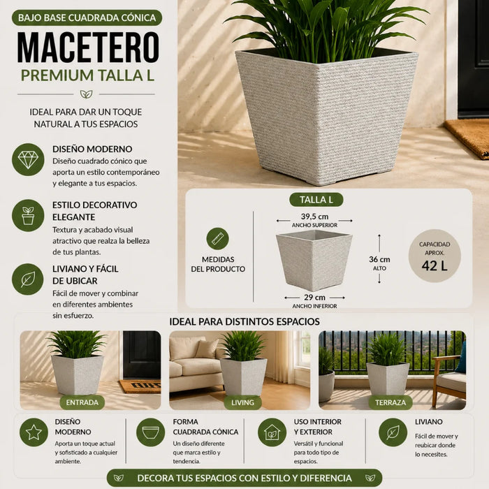 Set 2 Macetero Plastico Bajo Premium Base Cuadrada Conica L