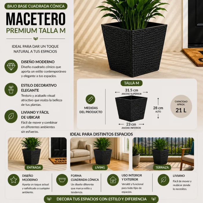 Set 2 Macetero Plastico Bajo Premium Base Cuadrada Conica M
