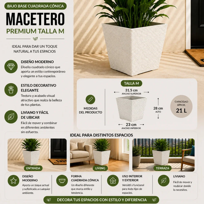 Set 2 Macetero Plastico Bajo Premium Base Cuadrada Conica M