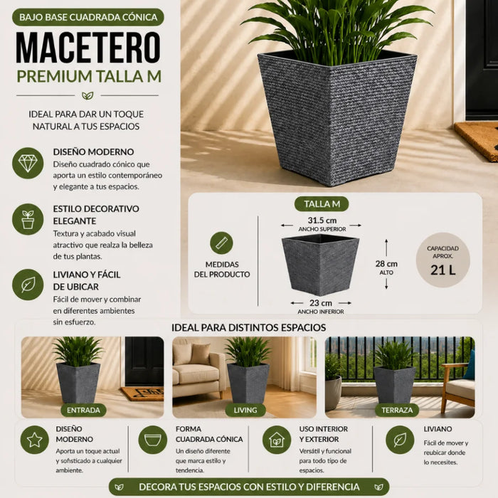 Set 2 Macetero Plastico Bajo Premium Base Cuadrada Conica M