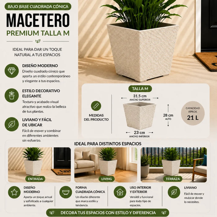 Set 2 Macetero Plastico Bajo Premium Base Cuadrada Conica M