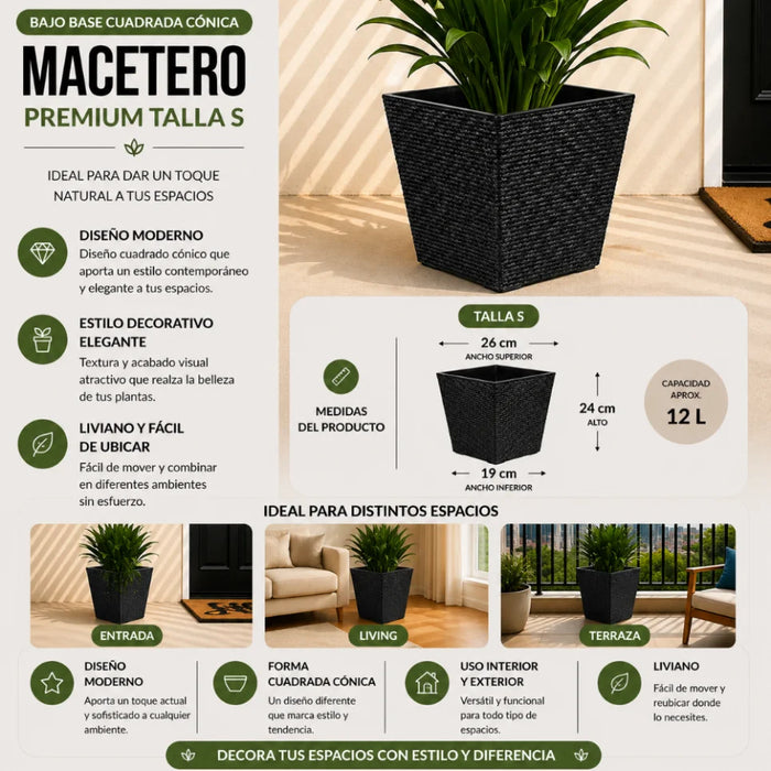 Set 2 Macetero Plastico Bajo Premium Base Cuadrada Conica S