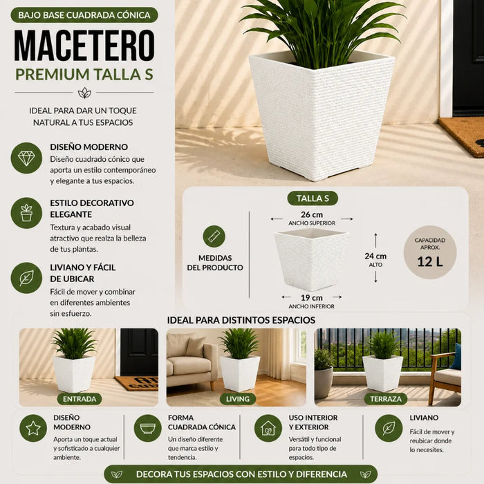 Set 2 Macetero Plastico Bajo Premium Base Cuadrada Conica S