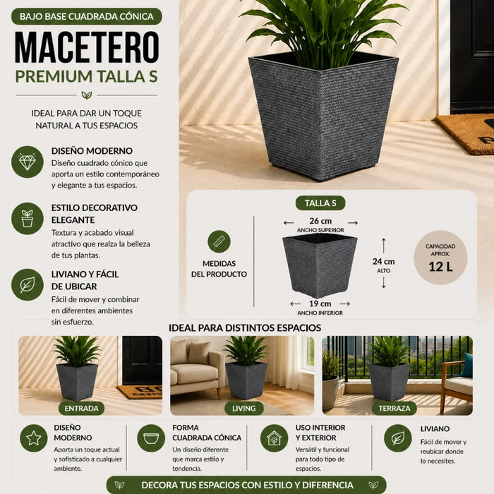 Set 2 Macetero Plastico Bajo Premium Base Cuadrada Conica S