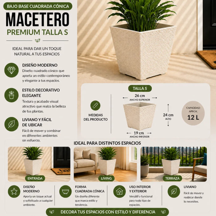 Set 2 Macetero Plastico Bajo Premium Base Cuadrada Conica S