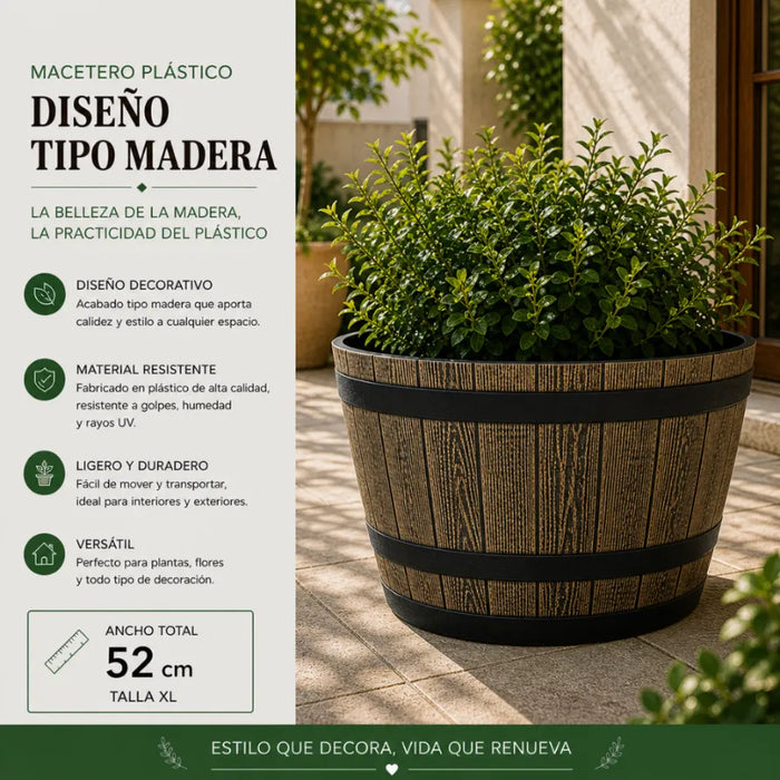 Set 2 Macetero Plastico Diseño Efecto Barril Maceta XL