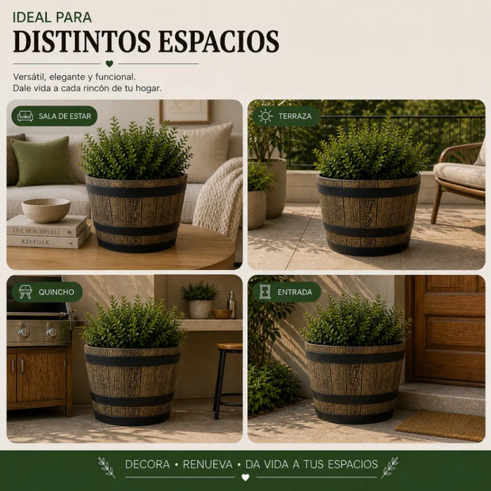 Set 2 Macetero Plastico Diseño Efecto Barril Maceta XL