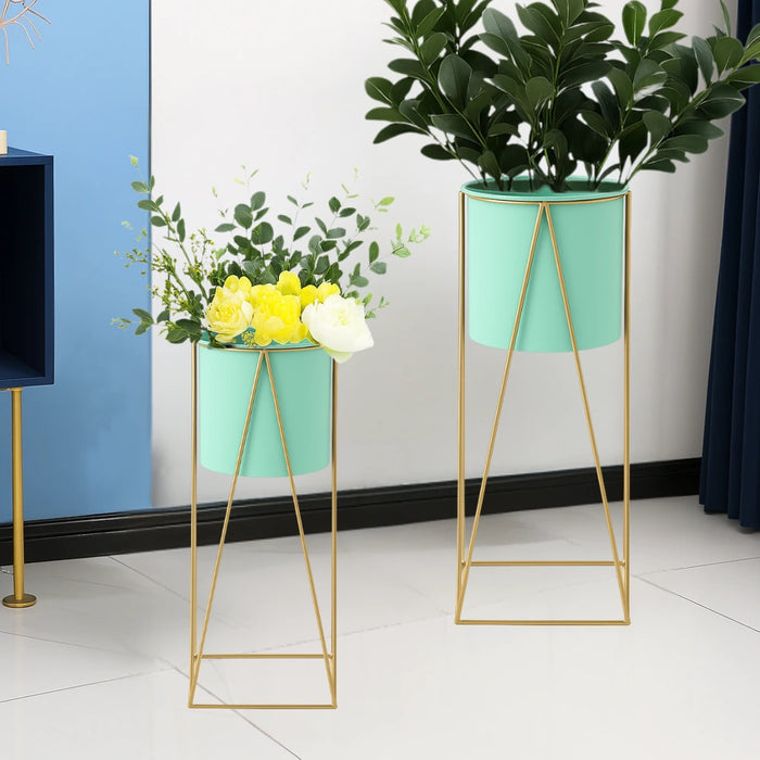 Set 2 Pedestales Porta Macetero Deco Verde Agua Medianos