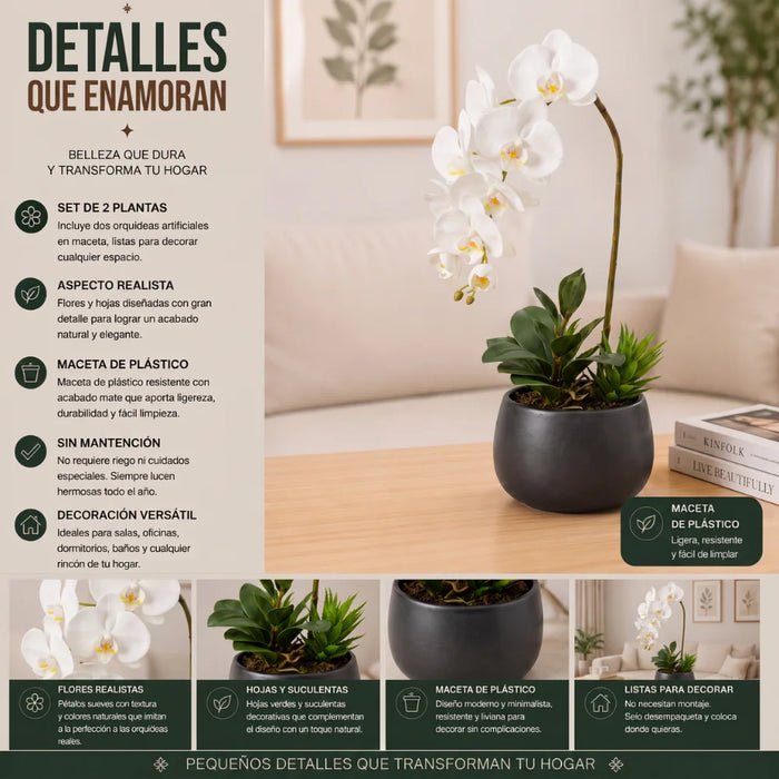 Set 2 Plantas Artificiales Orquidea Maceta Decoracion Hogar