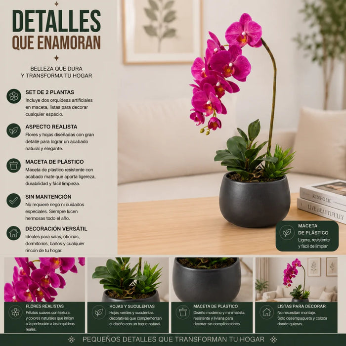 Set 2 Plantas Artificiales Orquidea Maceta Decoracion Hogar