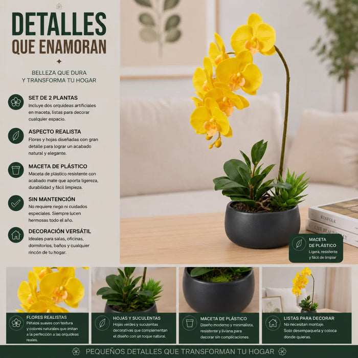 Set 2 Plantas Artificiales Orquidea Maceta Decoracion Hogar