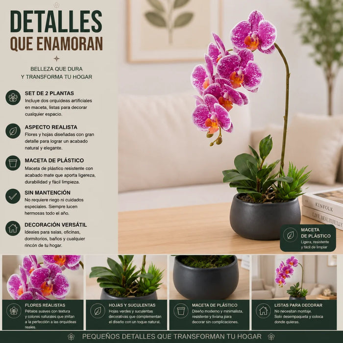 Set 2 Plantas Artificiales Orquidea Maceta Decoracion Hogar