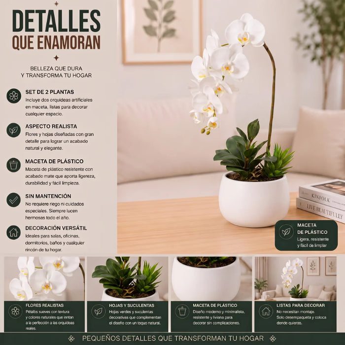 Set 2 Plantas Artificiales Orquidea Maceta Decoracion Hogar