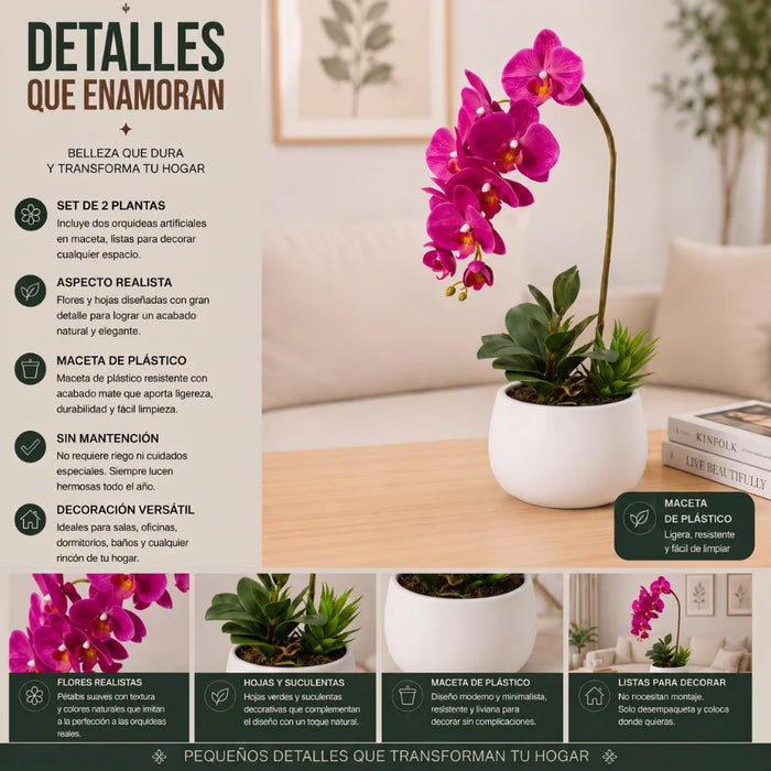 Set 2 Plantas Artificiales Orquidea Maceta Decoracion Hogar