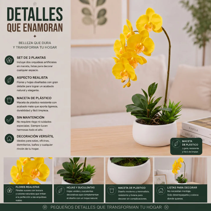 Set 2 Plantas Artificiales Orquidea Maceta Decoracion Hogar
