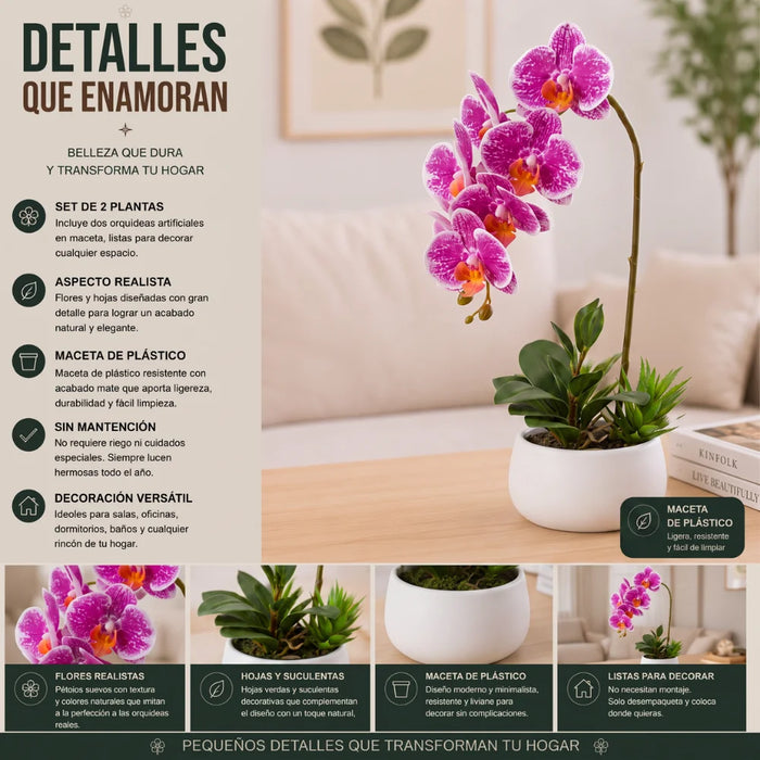 Set 2 Plantas Artificiales Orquidea Maceta Decoracion Hogar