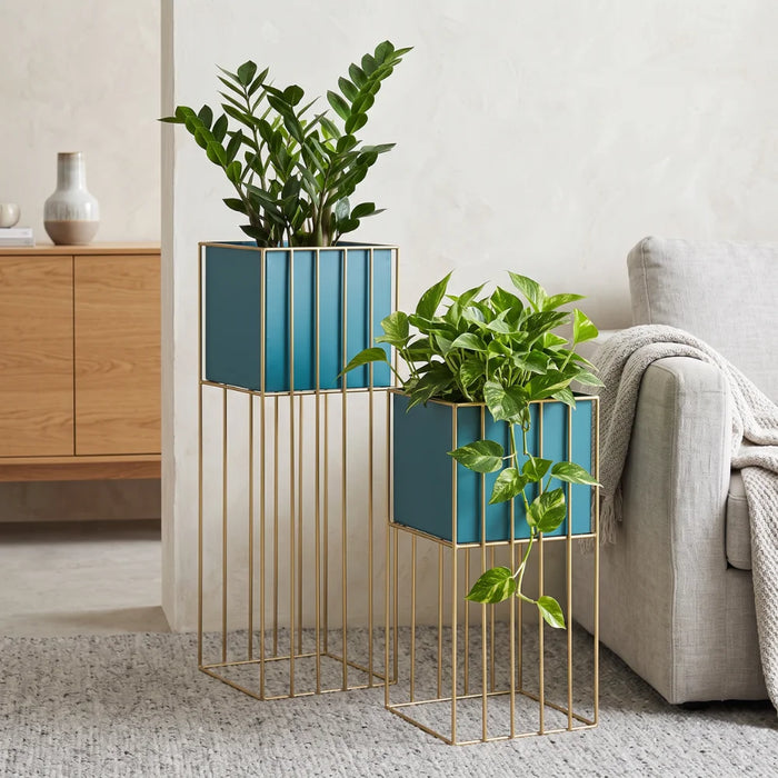 Set 2 Porta Macetero Pedestal Maceta Plantas Verde Dorado